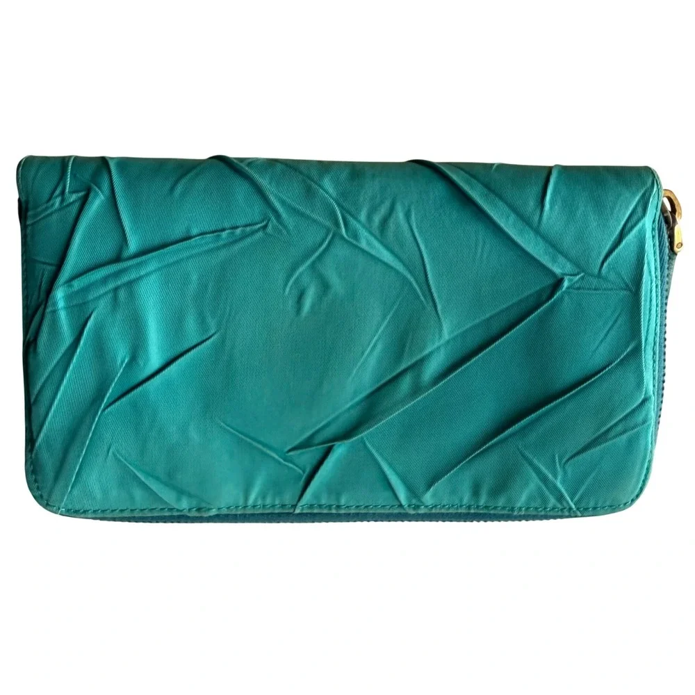 Prada Zip Around Wallet Vintage Pleated Designer Accessory OS 2000s Teal